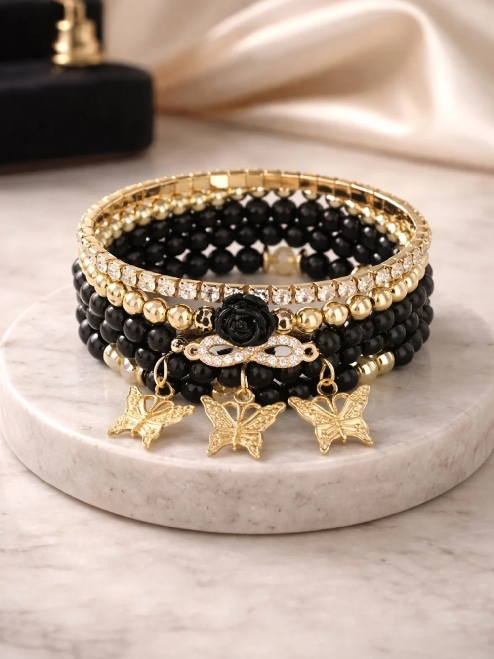 NWT- 4pc Beaded Bracelet Boho Style Butterfly Charm Adjustable Black Silver Gold